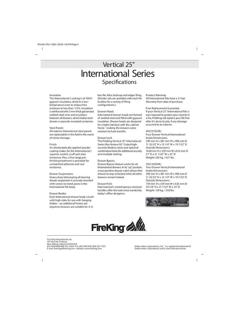 Fireking International Vertical 2 Drawer 25 Depth Legal File